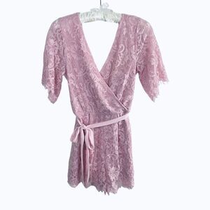 Francesca’s Lace Overlay Pink Floral Wrap Babydoll Mini Dress Women’s Small